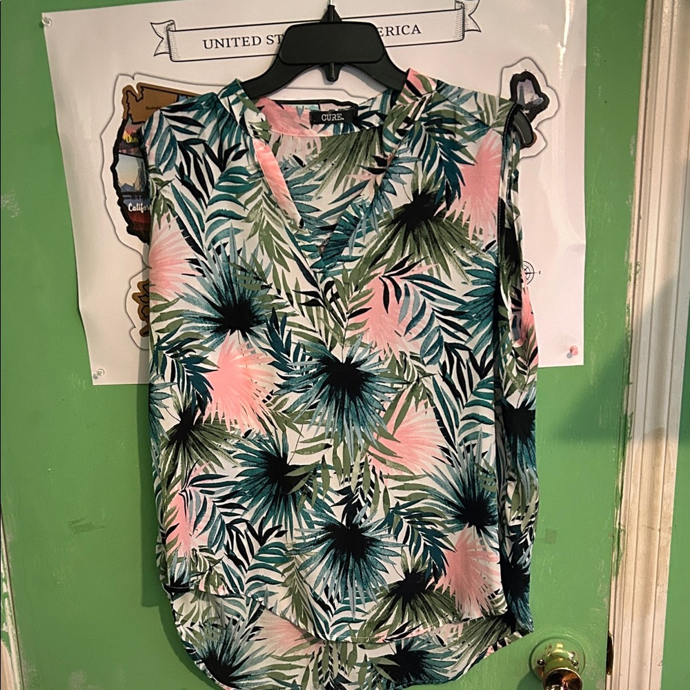 Chic Tropical Leaf Print Blouse - Green, Pink, Black